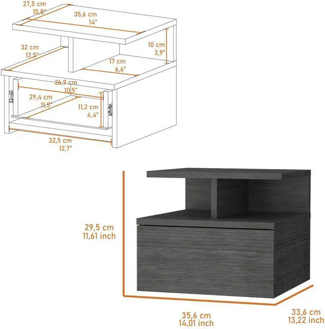 Alt view image 3 of 7 - Augusta Floating Nightstand with 2-Tier Shelf and 1-Drawer
