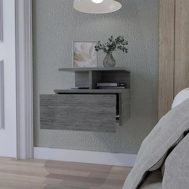 Alt view image 5 of 7 - Augusta Floating Nightstand with 2-Tier Shelf and 1-Drawer