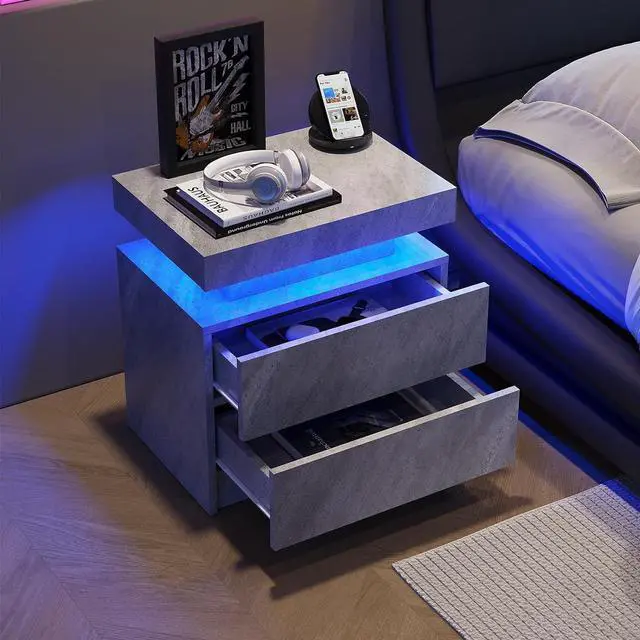 Alt view image 2 of 5 - Nightstand LED Bedside Table Cabinet Lights Modern End Side with 2 Drawers for Bedroom (Deep Gray)