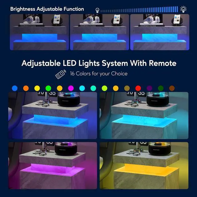 Alt view image 5 of 5 - Nightstand LED Bedside Table Cabinet Lights Modern End Side with 2 Drawers for Bedroom (Deep Gray)