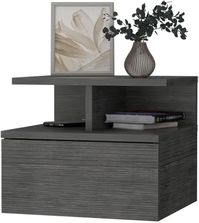 Alt view image 6 of 7 - Augusta Floating Nightstand with 2-Tier Shelf and 1-Drawer