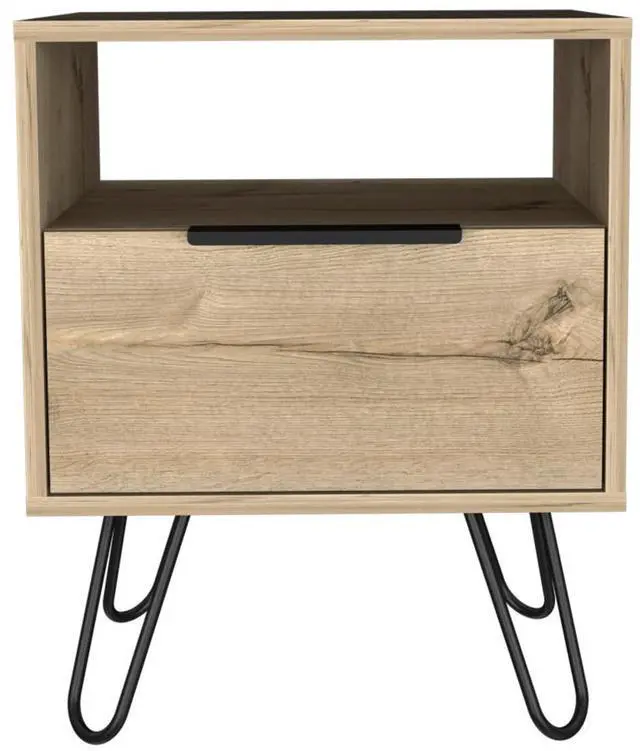 Alt view image 3 of 7 - Nightstand 22"H, One Open Shelf, Single Door Cabient, Hairpin Legs, Light Oak