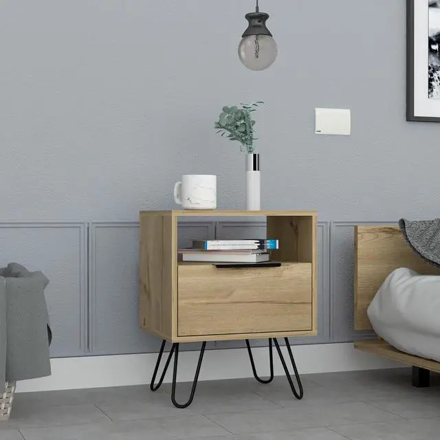 Main image of Nightstand 22"H, One Open Shelf, Single Door Cabient, Hairpin Legs, Light Oak