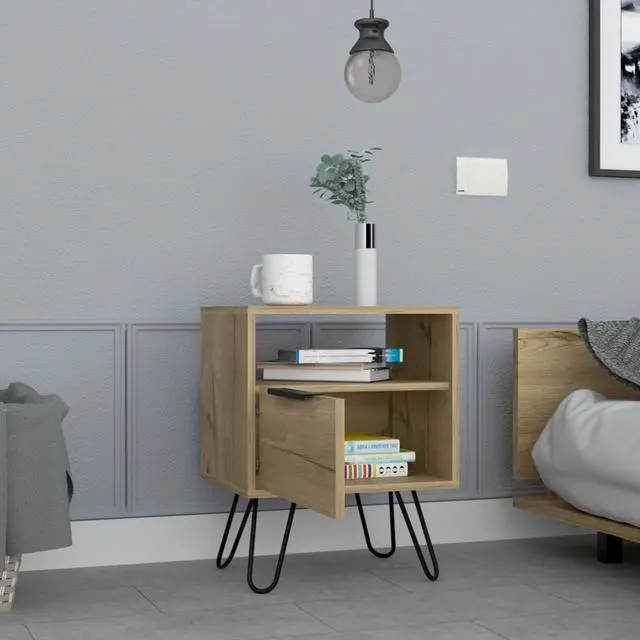 Alt view image 2 of 7 - Nightstand 22"H, One Open Shelf, Single Door Cabient, Hairpin Legs, Light Oak