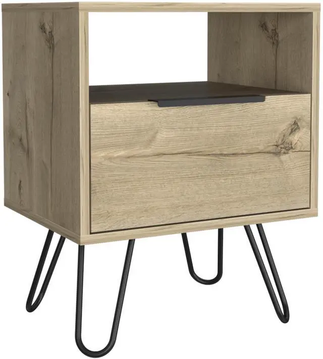 Alt view image 4 of 7 - Nightstand 22"H, One Open Shelf, Single Door Cabient, Hairpin Legs, Light Oak