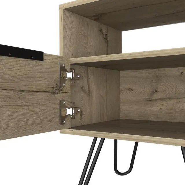 Alt view image 7 of 7 - Nightstand 22"H, One Open Shelf, Single Door Cabient, Hairpin Legs, Light Oak