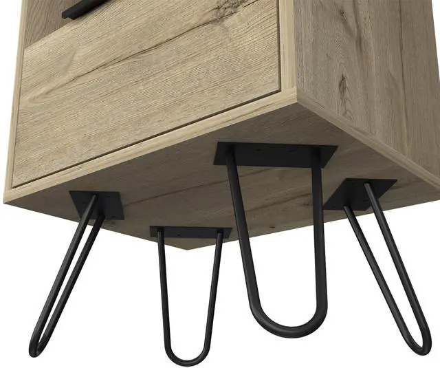 Alt view image 6 of 7 - Nightstand 22"H, One Open Shelf, Single Door Cabient, Hairpin Legs, Light Oak