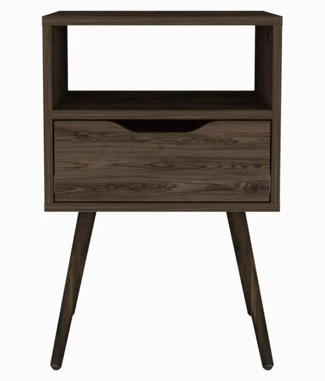 Alt view image 3 of 7 - Nightstand 25"H, Superior Top, Four Legs, One Open Shelf, One Drawer, Dark Walnut