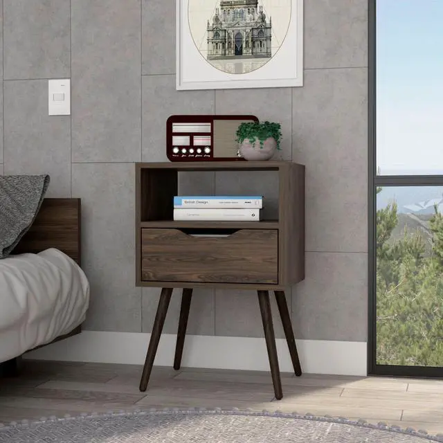 Main image of Nightstand 25"H, Superior Top, Four Legs, One Open Shelf, One Drawer, Dark Walnut