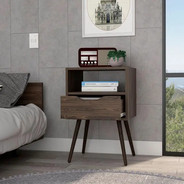 Alt view image 2 of 7 - Nightstand 25"H, Superior Top, Four Legs, One Open Shelf, One Drawer, Dark Walnut