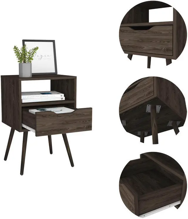 Alt view image 7 of 7 - Nightstand 25"H, Superior Top, Four Legs, One Open Shelf, One Drawer, Dark Walnut