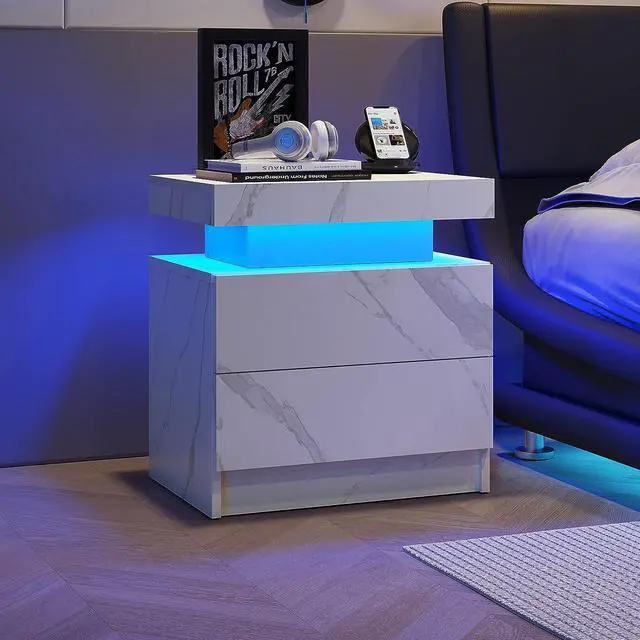 Main image of Nightstand LED Bedside Table Cabinet Lights Modern End Side with 2 Drawers for Bedroom (White Stone)