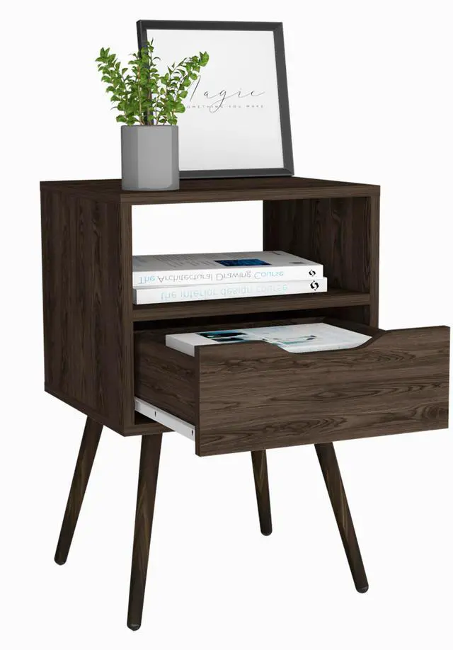 Alt view image 5 of 7 - Nightstand 25"H, Superior Top, Four Legs, One Open Shelf, One Drawer, Dark Walnut