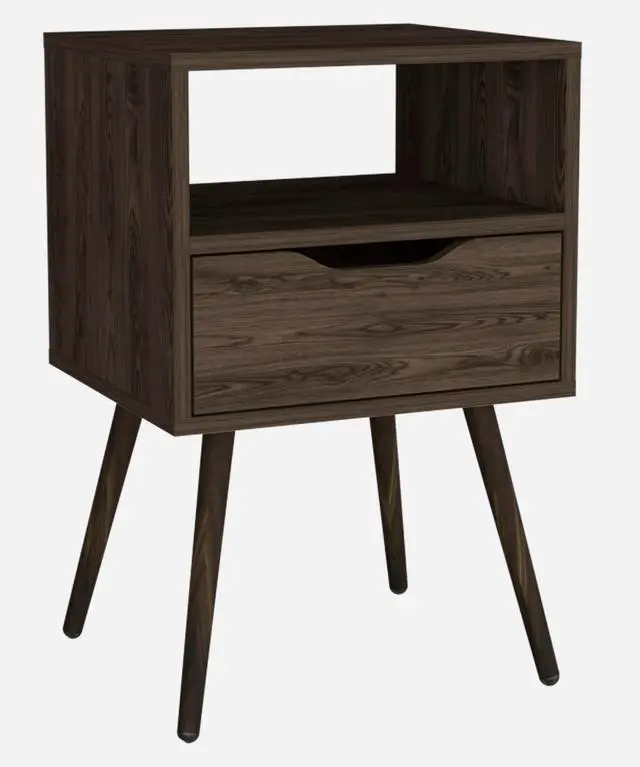 Alt view image 6 of 7 - Nightstand 25"H, Superior Top, Four Legs, One Open Shelf, One Drawer, Dark Walnut