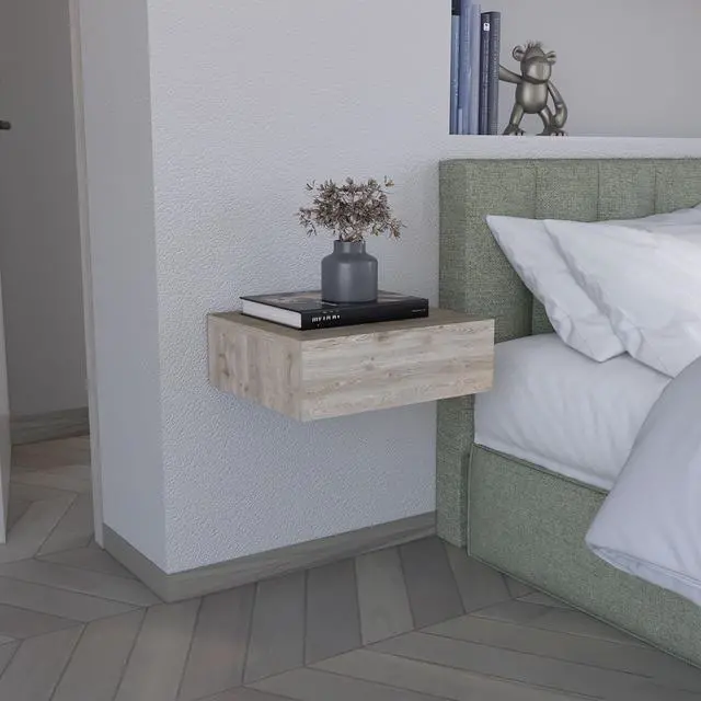 Main image of Floating Nightstand 5"H, Modern Wall-Mounted Bedside Shelf with Drawer, Light Gray