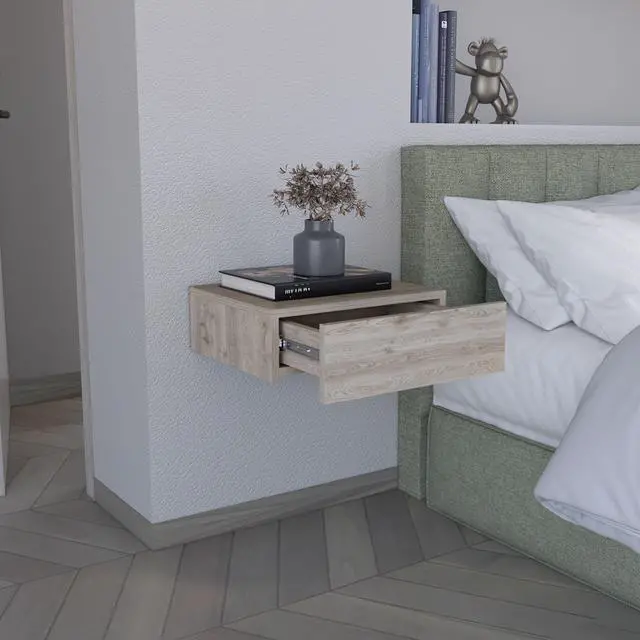 Alt view image 3 of 7 - Floating Nightstand 5"H, Modern Wall-Mounted Bedside Shelf with Drawer, Light Gray