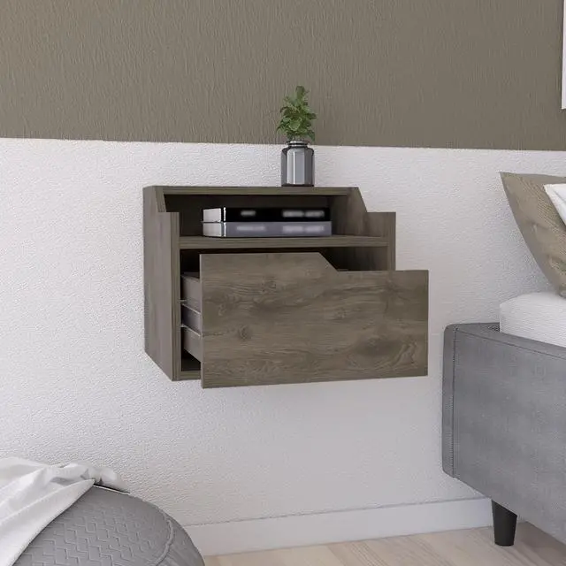 Main image of Winchester Floating Nightstand, Modern Dual-Tier Design with Spacious Single Drawer Storage, Dark Brown