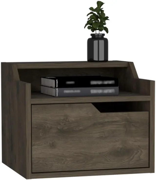 Alt view image 5 of 6 - Winchester Floating Nightstand, Modern Dual-Tier Design with Spacious Single Drawer Storage, Dark Brown
