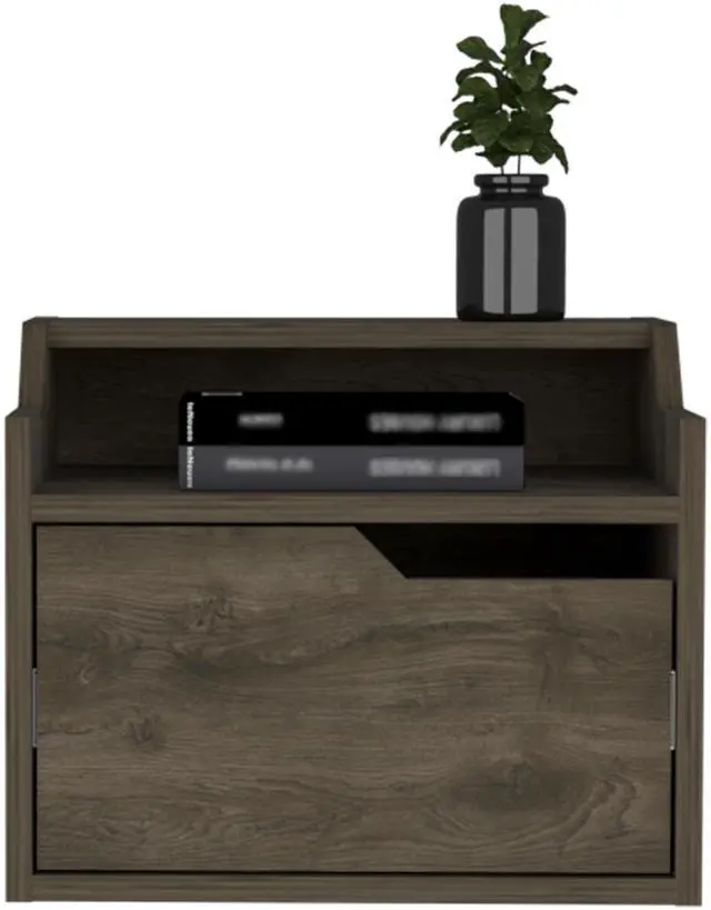 Alt view image 4 of 6 - Winchester Floating Nightstand, Modern Dual-Tier Design with Spacious Single Drawer Storage, Dark Brown