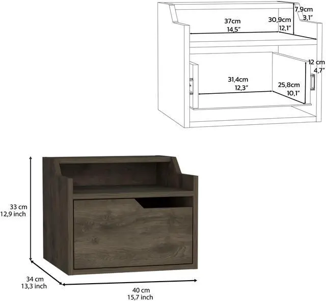 Alt view image 6 of 6 - Winchester Floating Nightstand, Modern Dual-Tier Design with Spacious Single Drawer Storage, Dark Brown