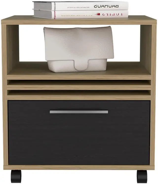 Alt view image 3 of 7 - Nightstand, 1 Drawer, 4 Wheels, 1 Shelf, Natural Oak / Black