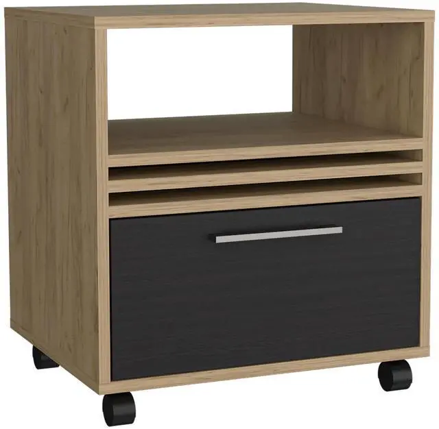 Alt view image 4 of 7 - Nightstand, 1 Drawer, 4 Wheels, 1 Shelf, Natural Oak / Black