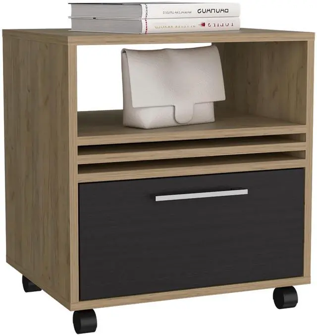 Alt view image 5 of 7 - Nightstand, 1 Drawer, 4 Wheels, 1 Shelf, Natural Oak / Black
