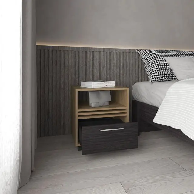 Alt view image 7 of 7 - Nightstand, 1 Drawer, 4 Wheels, 1 Shelf, Natural Oak / Black