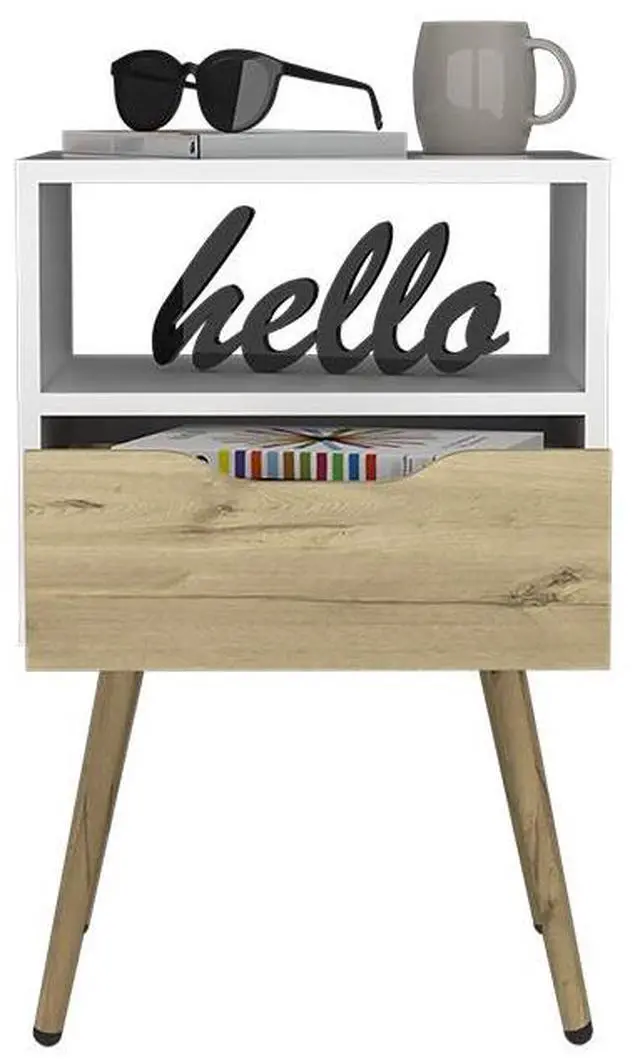 Alt view image 4 of 7 - Nightstand  Fugaz, Open Shelf, Single Drawer, White / Light Oak Finish