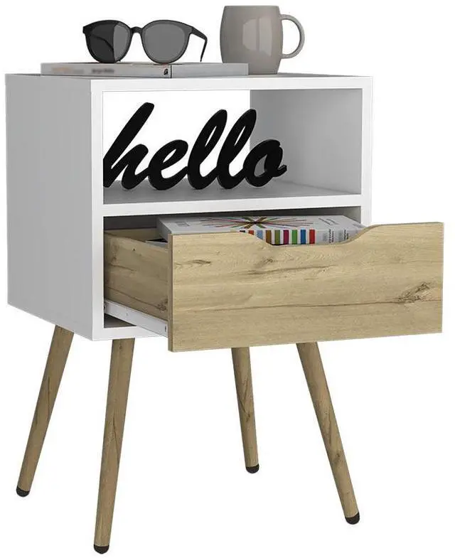 Alt view image 3 of 7 - Nightstand  Fugaz, Open Shelf, Single Drawer, White / Light Oak Finish