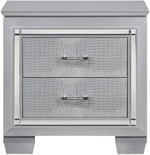 Main image of Glamourous Silver Finish 1pc Nightstand 2x Dovetail Drawers Faux Alligator Embossed Fronts Bedroom Furniture