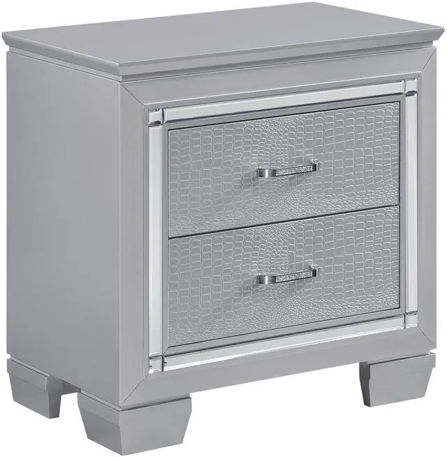 Alt view image 2 of 7 - Glamourous Silver Finish 1pc Nightstand 2x Dovetail Drawers Faux Alligator Embossed Fronts Bedroom Furniture
