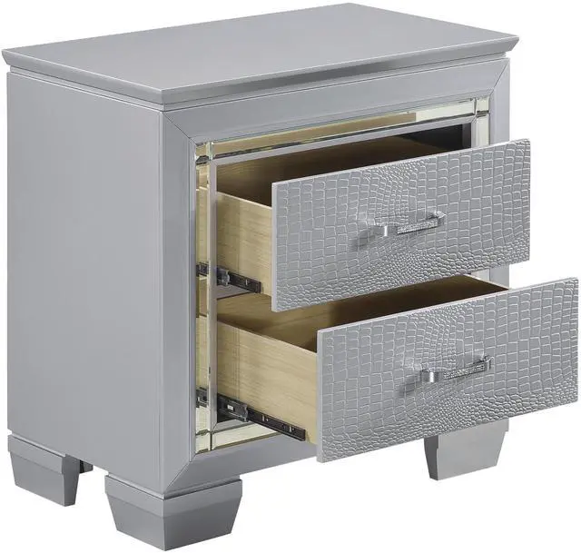 Alt view image 3 of 7 - Glamourous Silver Finish 1pc Nightstand 2x Dovetail Drawers Faux Alligator Embossed Fronts Bedroom Furniture