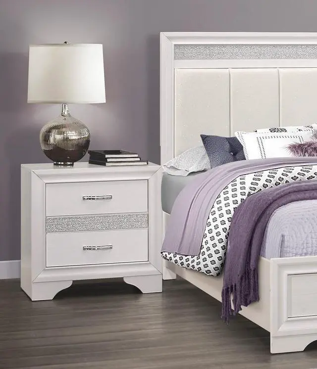 Alt view image 2 of 7 - Glamorous Bedroom Furniture 1pc Nightstand of Drawers with Hidden Felt-Lined Jewelry Drawer White Finish and Silver Glitter