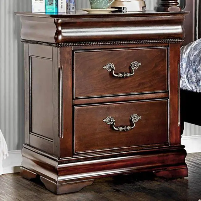 Main image of Traditional Style Cherry 1pc Nightstand Only Solid wood 2-Drawers Hidden Top Drawer Intricate Accents Bedside Table Bedroom
