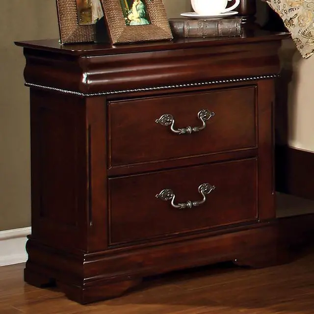 Alt view image 2 of 7 - Traditional Style Cherry 1pc Nightstand Only Solid wood 2-Drawers Hidden Top Drawer Intricate Accents Bedside Table Bedroom