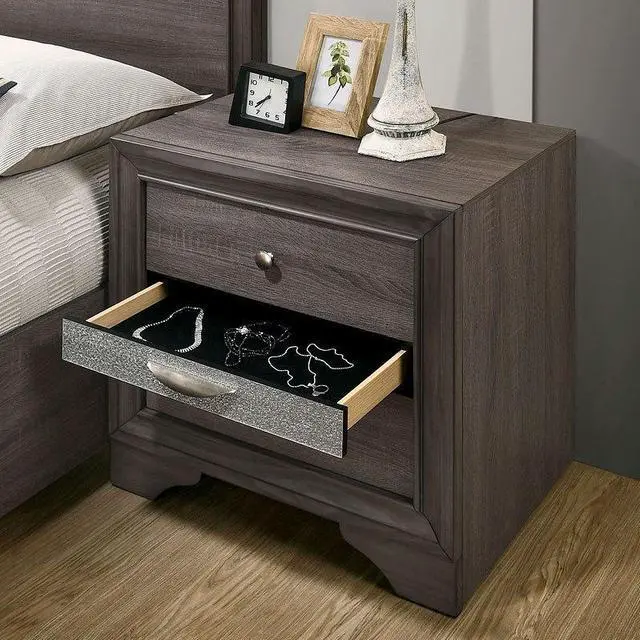 Alt view image 5 of 7 - Contemporary 1pc Nightstand Gray Finish Silver Accents Hidden Jewelry Drawer Nickel Round Knob Bedside Table Bedroom Furniture