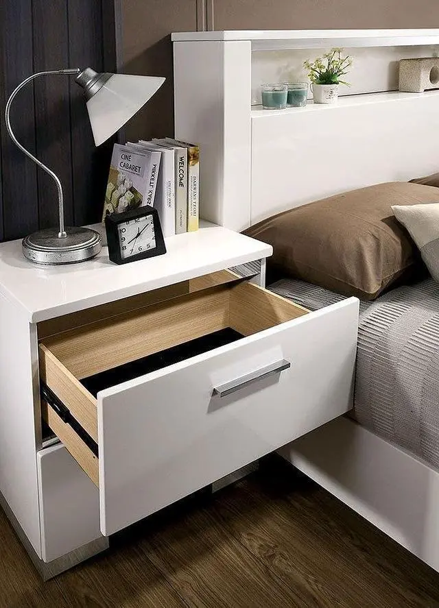 Alt view image 3 of 7 - Contemporary 1pc Nightstand White Color High Gloss Lacquer Coating Chrome Handles and Feet Bedside Table w USB Charger Bedroom Furniture