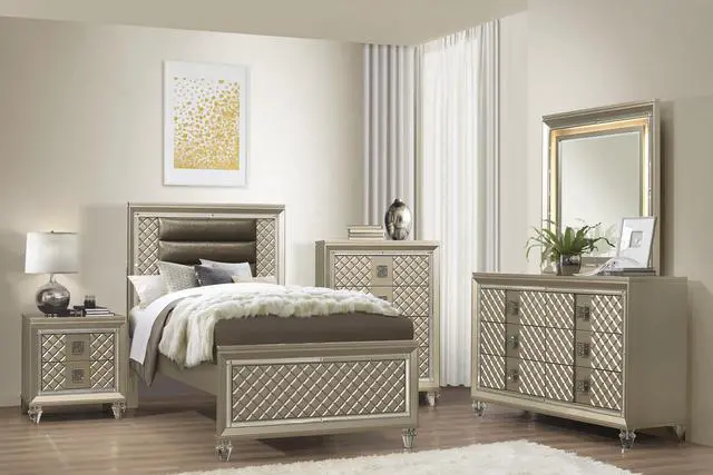 Alt view image 7 of 7 - Glamorous Champagne Finish 1pc Nightstand of 2 Drawers Acrylic Feet Bedside Table Luxury Bedroom Furniture Beveled Mirror Trim