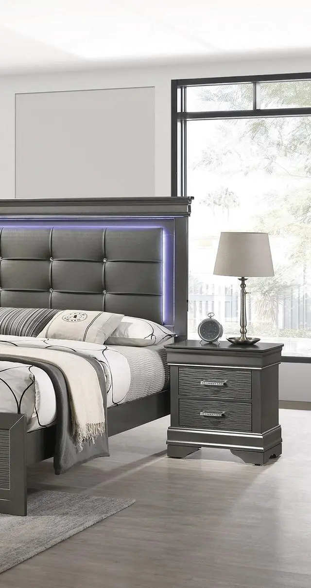 Alt view image 2 of 7 - Modern Grey Transitional Wooden Nightstand Bedside Table 2x Drawers Bedroom Furniture