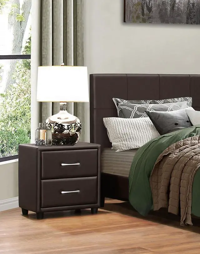 Main image of Contemporary Design 1pc Bedroom Furniture Two Drawers Nightstand Silver Tone Bar Pulls Faux Leather Upholstery, Dark Brown PVC