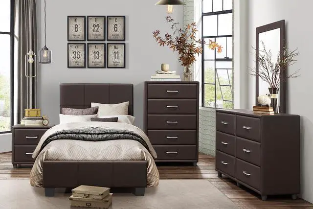 Alt view image 7 of 7 - Contemporary Design 1pc Bedroom Furniture Two Drawers Nightstand Silver Tone Bar Pulls Faux Leather Upholstery, Dark Brown PVC