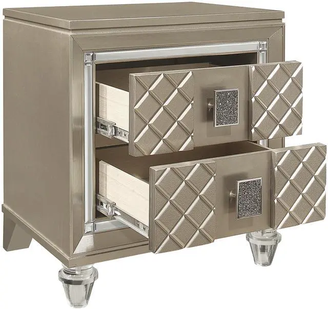 Alt view image 4 of 7 - Glamorous Champagne Finish 1pc Nightstand of 2 Drawers Acrylic Feet Bedside Table Luxury Bedroom Furniture Beveled Mirror Trim