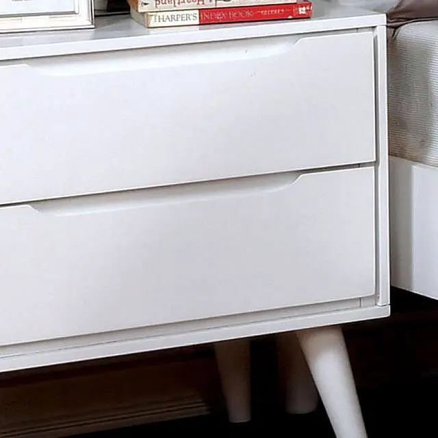 Alt view image 4 of 7 - Mid-Century Modern White Color 1pc Nightstand Bedroom Furniture Solid wood Round Tapered Legs 2-Drawers Bedside Table