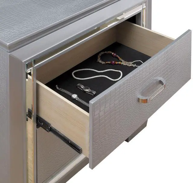 Alt view image 3 of 7 - Contemporary 1pc Nightstand Silver Bedside Table LED Light English Dovetail Drawer Bedroom Furniture