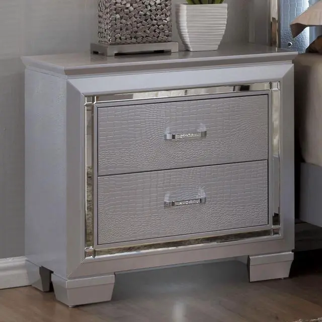 Main image of Contemporary 1pc Nightstand Silver Bedside Table LED Light English Dovetail Drawer Bedroom Furniture