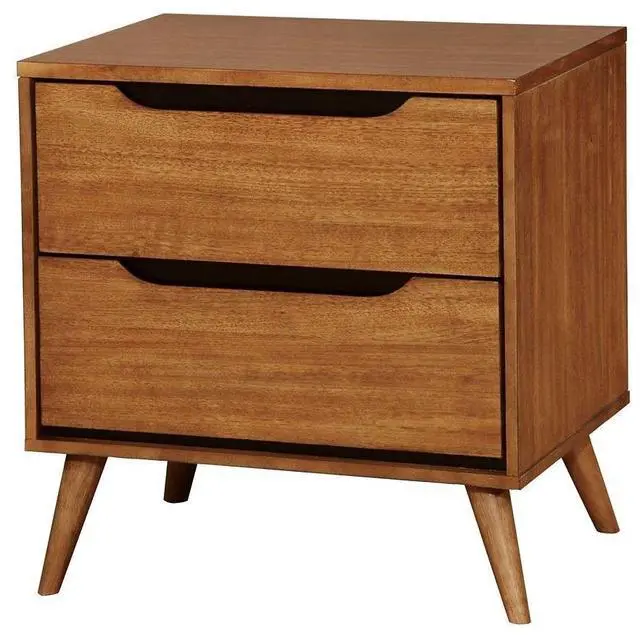 Alt view image 2 of 7 - Mid-Century Modern Oak Color 1pc Nightstand Bedroom Furniture Solid wood Round Tapered Legs 2-Drawers Bedside Table