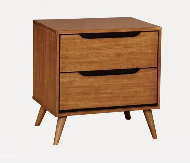 Alt view image 5 of 7 - Mid-Century Modern Oak Color 1pc Nightstand Bedroom Furniture Solid wood Round Tapered Legs 2-Drawers Bedside Table
