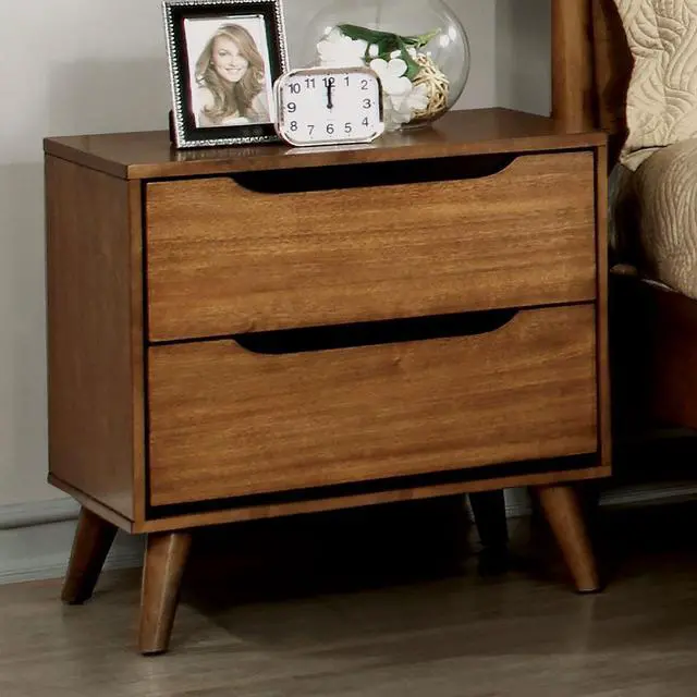 Alt view image 3 of 7 - Mid-Century Modern Oak Color 1pc Nightstand Bedroom Furniture Solid wood Round Tapered Legs 2-Drawers Bedside Table