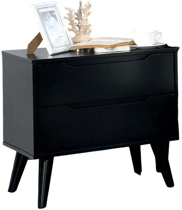 Alt view image 3 of 7 - Mid-Century Modern Black Color 1pc Nightstand Bedroom Furniture Solid wood Round Tapered Legs 2-Drawers Bedside Table